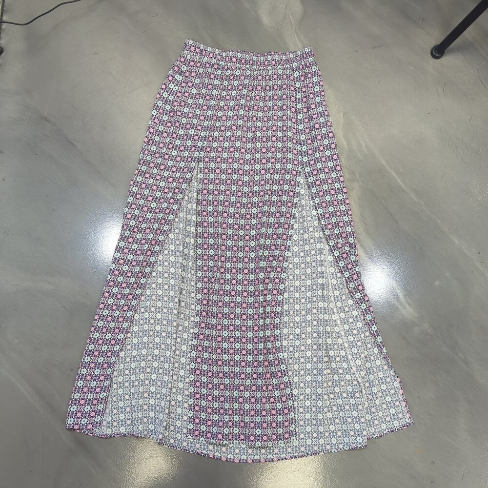 Size 10S Geometric Floral Midi Skirt w Front Slit Retro Whimsical Cottage Boho